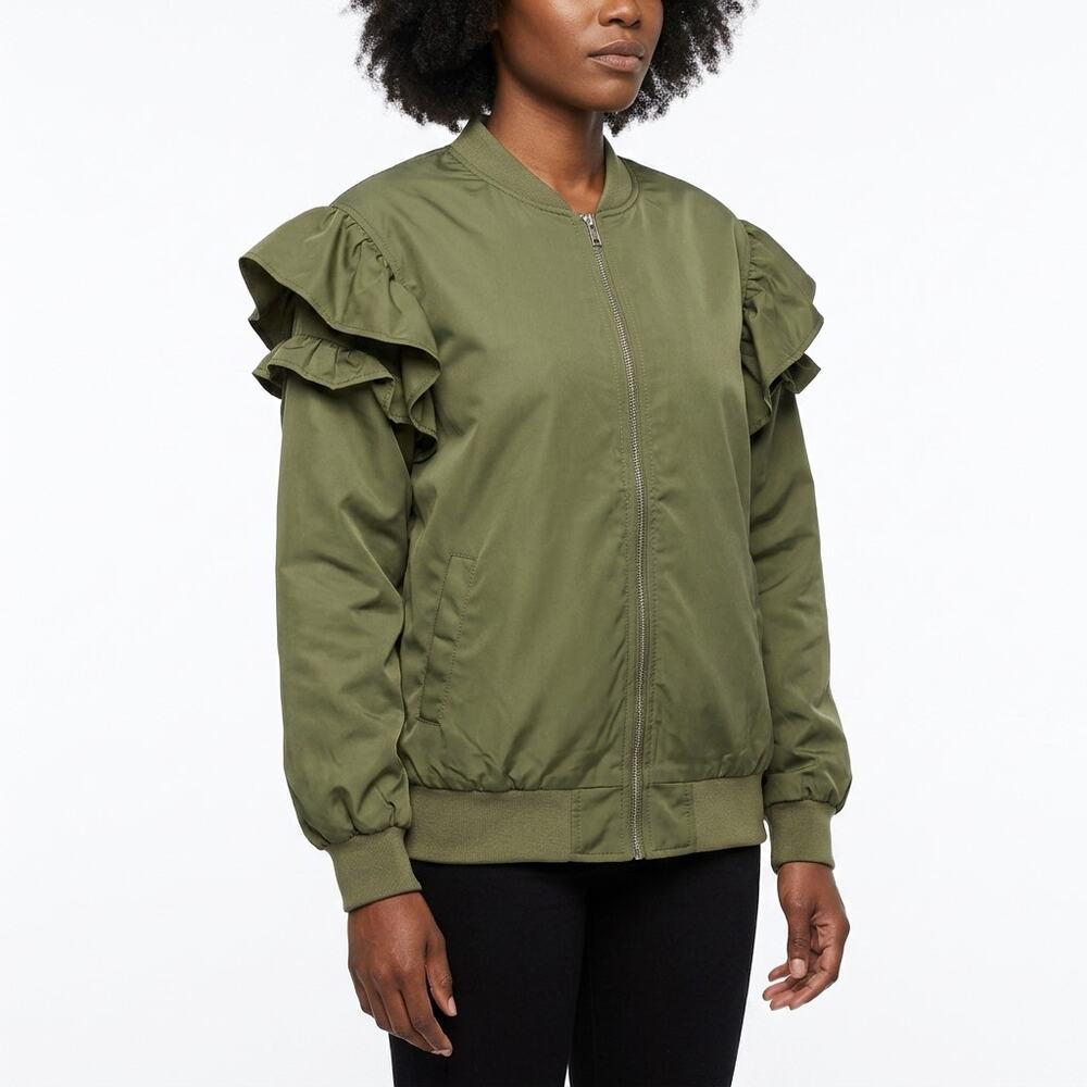 NWT BiBi! Green Full Zip Lined Ruffle Bomber Jacket Women Size S